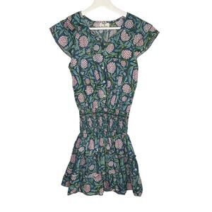 Perry Walker Virginia Floral Flutter Sleeve Smocked Mini Blouson Dress Green 1/S